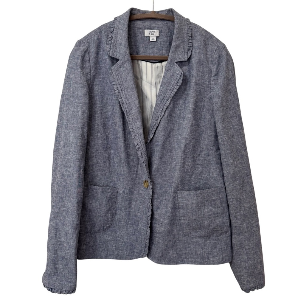 Linen/Cotton Chambray Ruffled Denim Soft Slate Blue Single-Button Blazer Casual